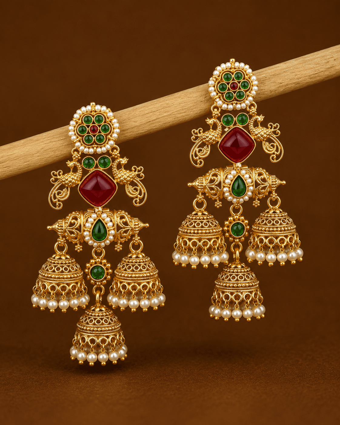 Ira Gold Jhumka Earrings in Red & Green, size 7.5 cm