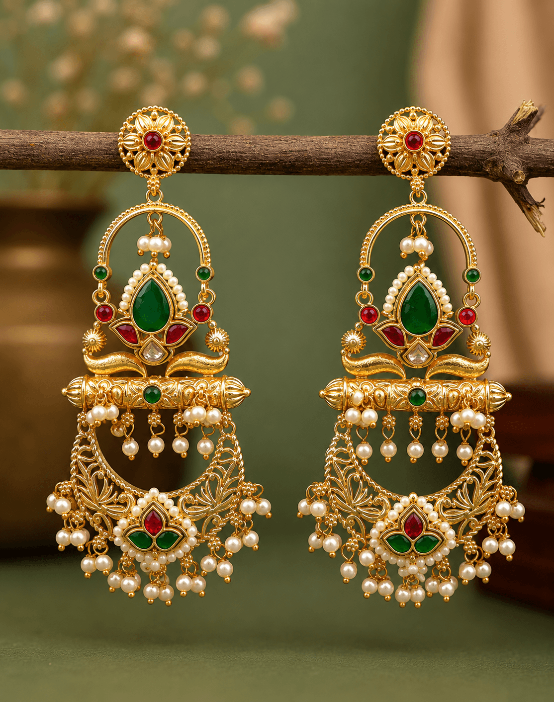 Lavina Gold Danglers in Green & Ruby, size 9 cm