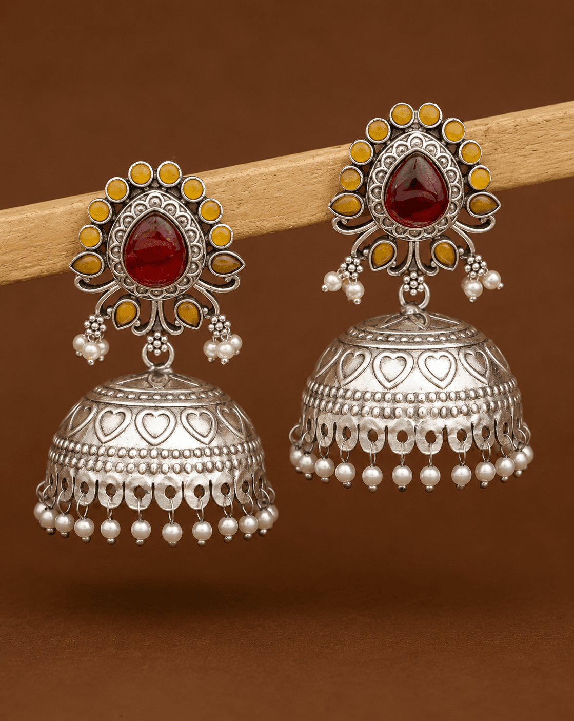Naira Jhumka Earrings in Red & Yellow