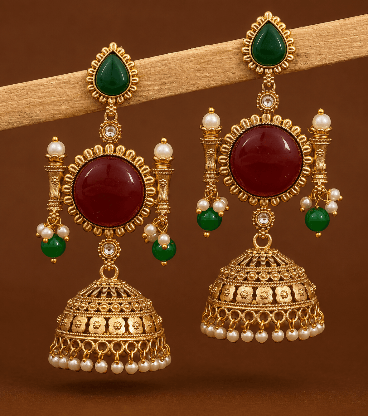 Mysha Gold Jhumka Earrings in Red & Green
