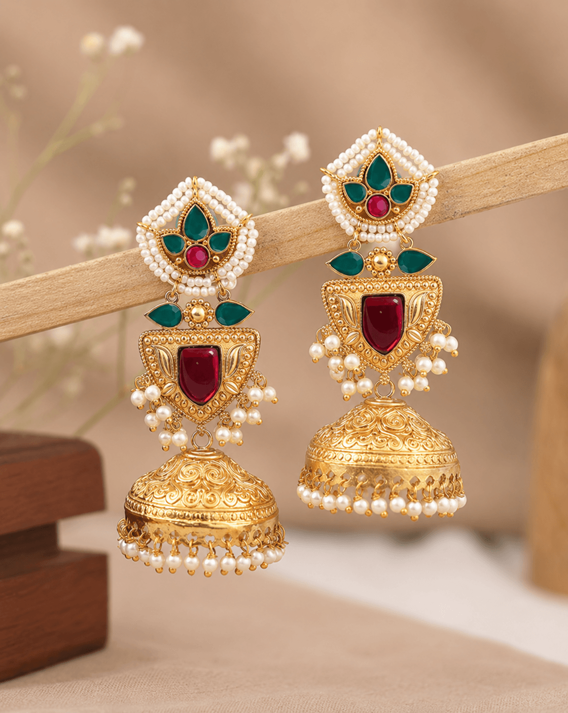 Pari Gold Jhumka Earrings in Red & Green