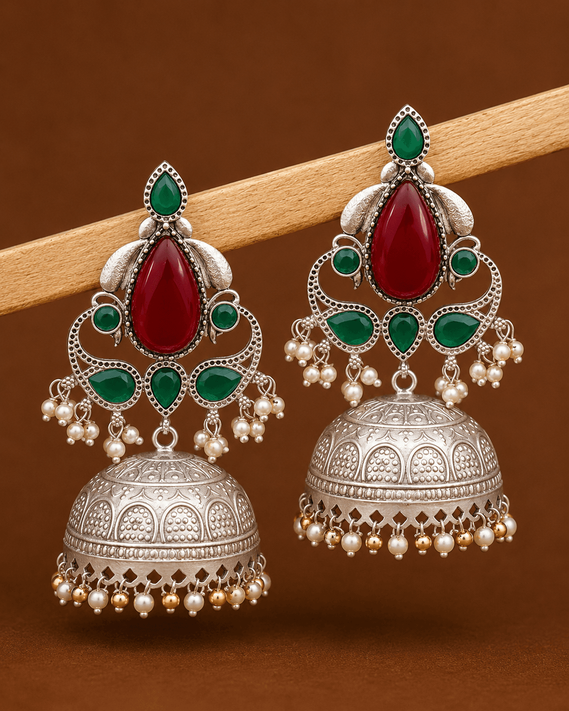 Sana Jhumka Earrings in Red & Green