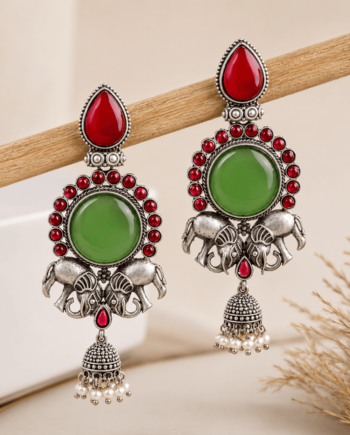 Siya Dangler Earrings in Red-Green-Ruby