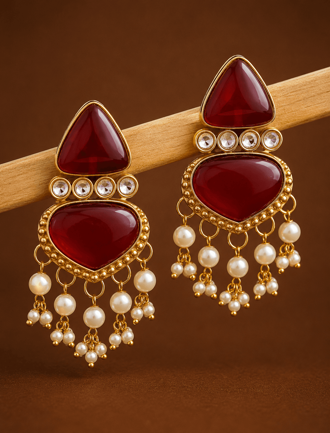 Kyra Premium Gold Danglers in Red, size 6 cm