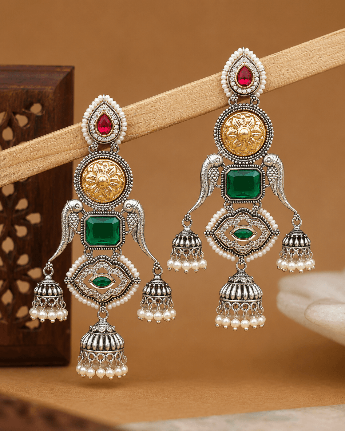 Mithra Jhumka Earrings in Ruby & Green