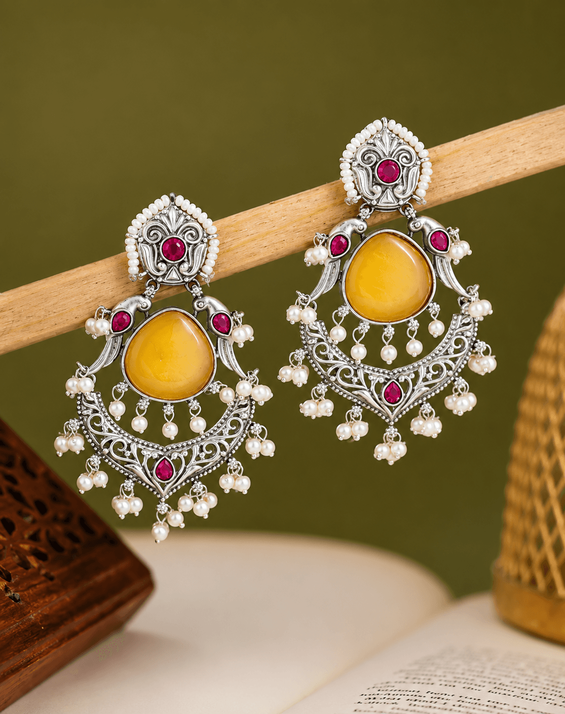 Tara Dangler Earrings in Yellow & Ruby