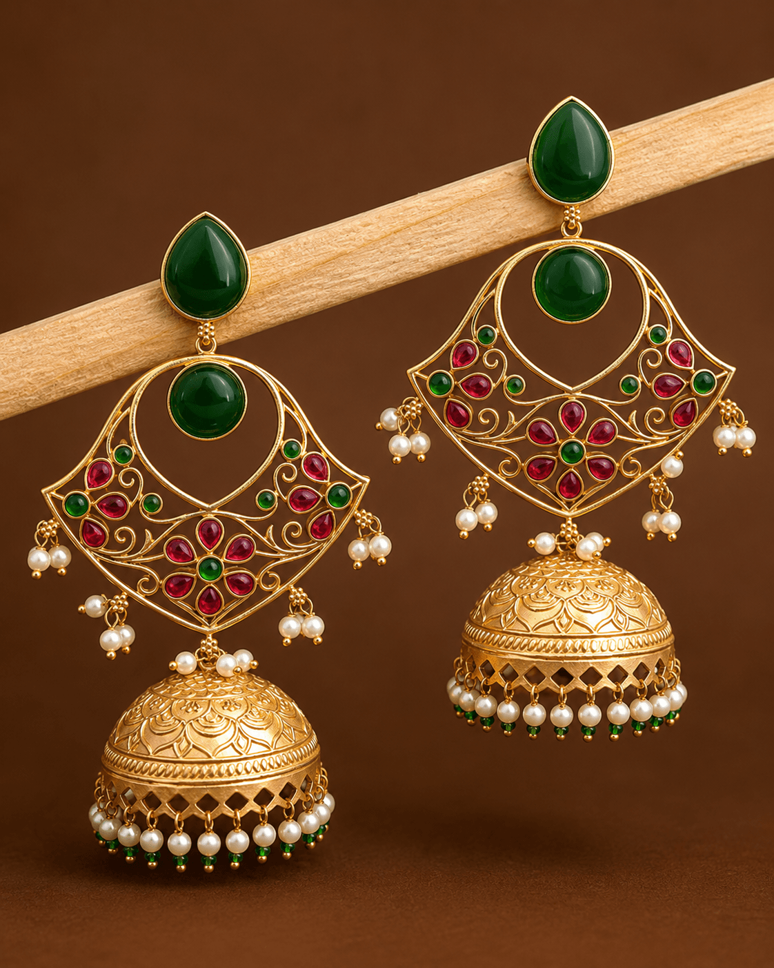 Trisha Gold Jhumka Earrings in Green & Ruby