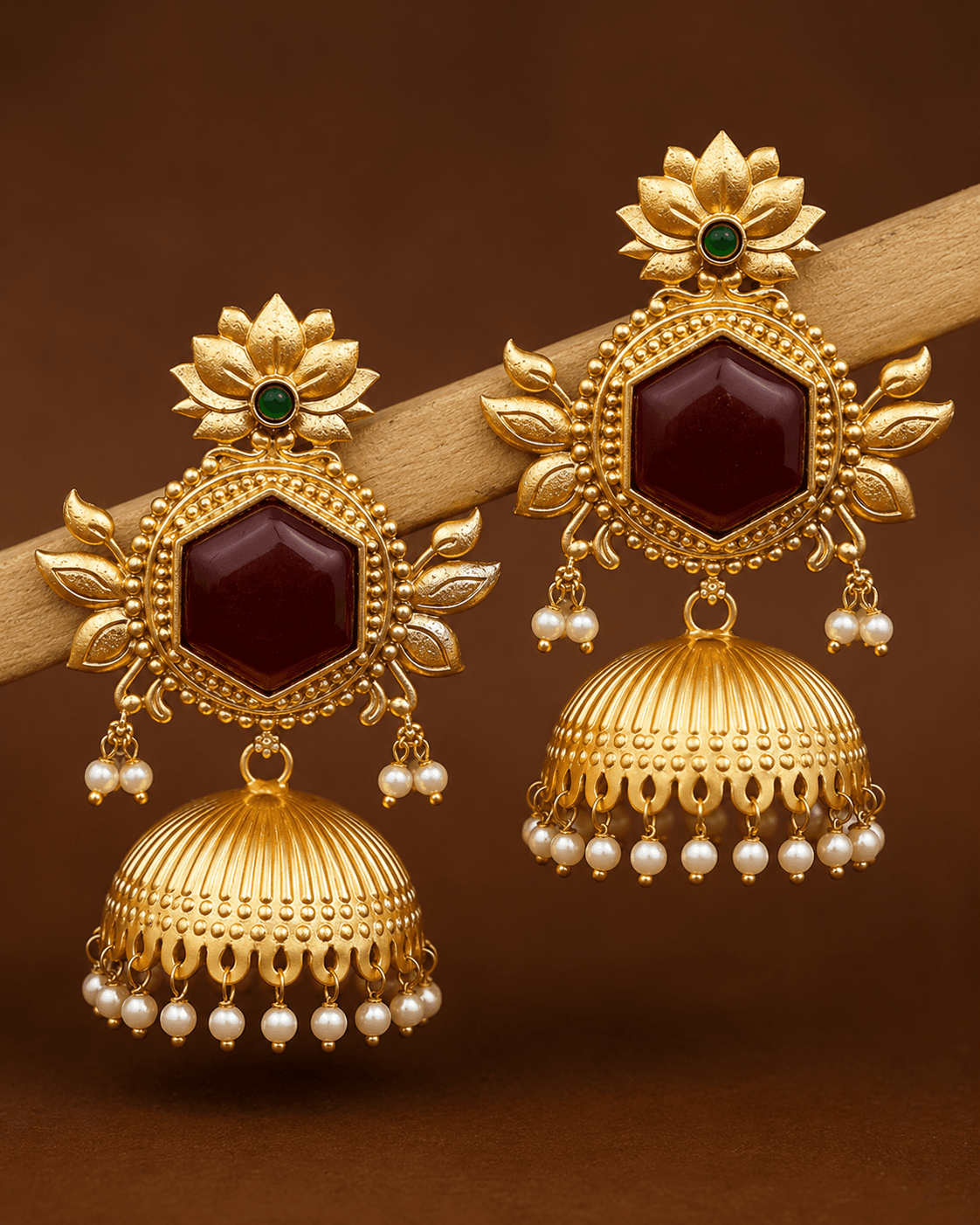 Sia Gold Jhumka Earrings in Red