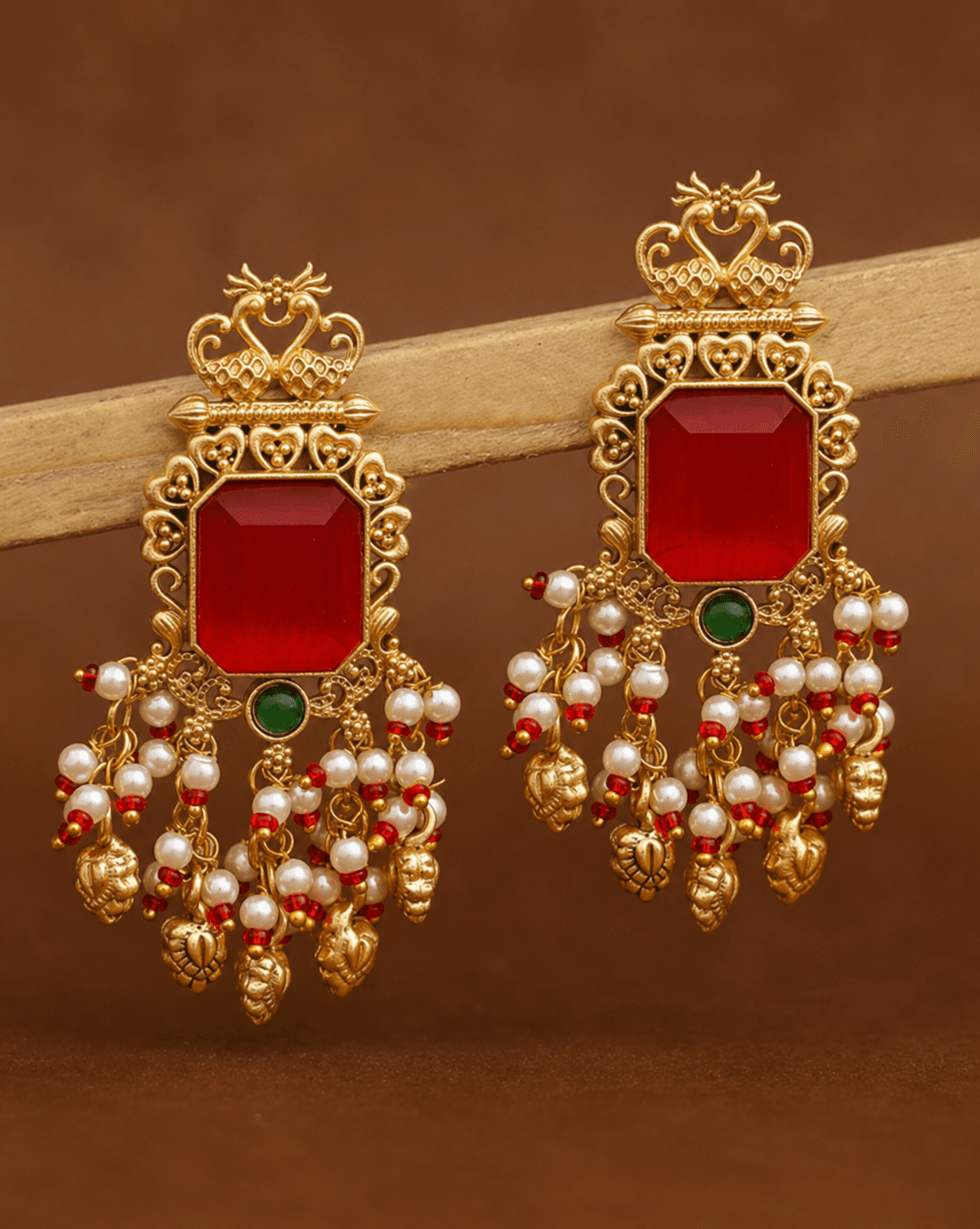 Nyra Premium Gold Danglers in Red