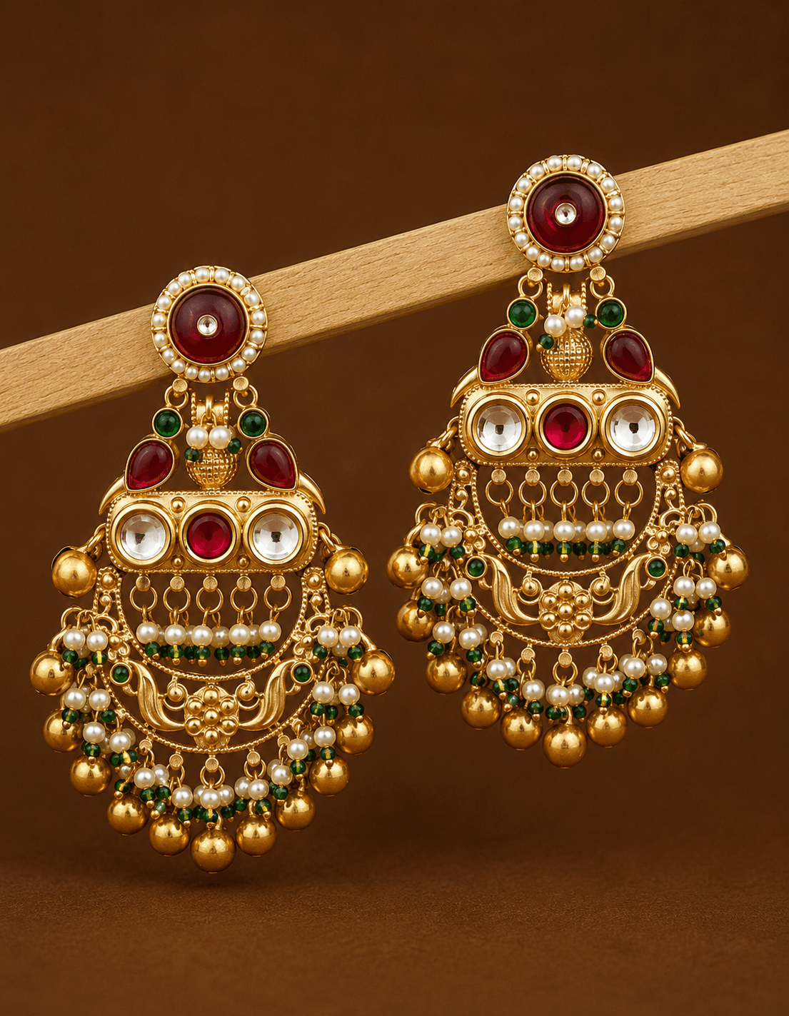 Kiara Premium Gold Danglers in Red, size 7 cm