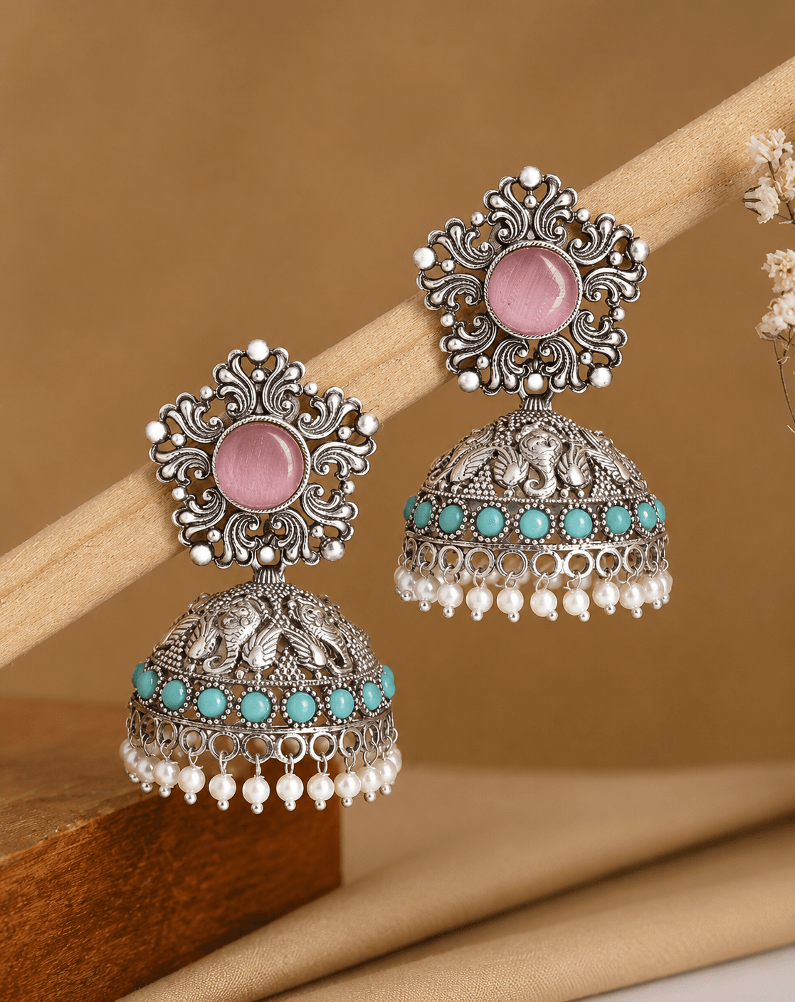 Diya Jhumka Earrings in Pink & Turquoise, size 5.3 cm